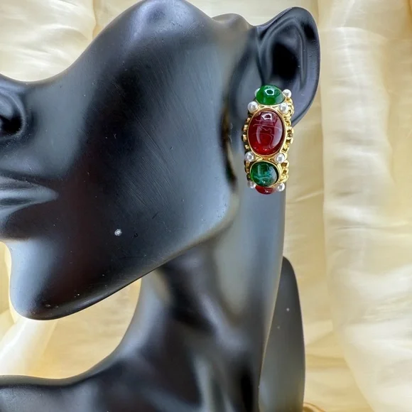 Gemstone Hoop Earrings PVD Gold Plated Stainless Steel with Pearls Natural Stone - Picture 10 of 14